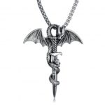  Exquisite Mens Bat Wing Dragon Sword Pendant Stainless Steel Necklace