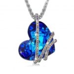 DINIFAN Women Blue Heart Pendant Necklace Electroplated Alloy + Zircon Necklace