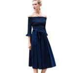 Women’s Off Shoulder Plicated Half Sleeves Polyester Dress