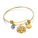 18K Gold Plating Wire Expandable Bangle with Life Tree Pendant