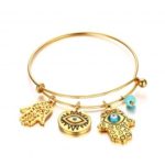 Women’s Stainless Steel Turquoise Hamsa Hand Pendant Bangle with 18K Gold Plating
