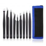 9 in 1 ESD Anti-static Stainless Steel Tweezers Set with Canvas Storage Bag