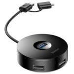 New Baseus Round Box 4-in-1 Type-C HUB Adapter 12cm USB3.0 x 1 + USB2.0 x 3 Support 4TB SSD For Laptop Smartphone – Black