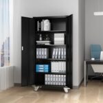 New Home Office Steel Storage Cabinet Rolling Storage with 4 Adjustable Shelves and  Lock for Garage, Office, Kitchen