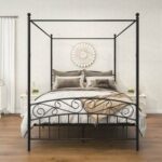 New Queen-Size Canopy Metal Platform Bed Frame with 4 Pillars, Headboard and Metal Slats Support, No Box Spring Needed (Only Frame) – Black