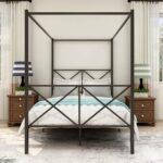 New Full-Size Canopy Metal Platform Bed Frame with 4 Pillars, Headboard and Metal Slats Support, No Box Spring Needed (Only Frame) – Black