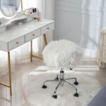 New HengMing Faux Fur Swivel Stool Height Adjustable with Backrest and Casters for Living Room, Bedroom, Dining Room, Office – White