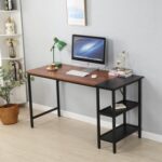 New 55″ Home Office Computer Desk with Open Storage Shelves, Wooden Tabletop and Metal Frame – Brown + Black