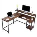 New Home Office L-Shaped Computer Desk with Monitor Shelf, CPU Stand, MDF Tabletop, and Metal Frame – Tiger