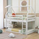 New Twin-Over-Twin Size House-Shaped Bunk Bed Frame with Ladder, and Wooden Slats Support, No Spring Box Required (Frame Only) – White