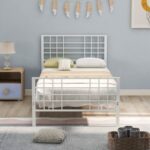 New Twin-Size Metal Platform Bed Frame with Headboard and steel Slats Support, No Box Spring Needed (Only Frame) – White