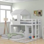 New Twin-Over-Full Size Bunk Bed Frame with Roof, and Wooden Slats Support, No Spring Box Required (Frame Only) – White