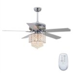New 52″ Metal Crystal Ceiling Fan Lamp with 5 Plywood Blades, and Remote Control, for Living Room, Bedroom, Corridor, Dining Room – Chrome