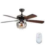 New 52″ Metal Modern Crystal Ceiling Fan Lamp with 5 Reversible Wood Blades, and Remote Control, for Living Room, Bedroom, Corridor, Dining Room – Black
