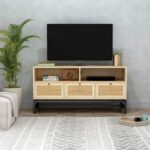 New 47.24″ MDF TV Stand with 3 Storage Drawers and 2 Open Shelves, for Living Room, Bedroom, Office, Hallway – Natural