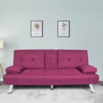 New 66″ Linen Blend Upholstered Sofa Bed, with 2 Cup Holders, Adjustable Backrest and Solid Wood Frame, for Living Room, Bedroom, Office, Apartment – Purple