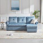 New Orisfur 83.46″ Velvet Upholstered Sectional Sofa Bed with Storage Chaise, Wooden Frame, and Plastic Legs, for Living Room, Bedroom, Office, Apartment – Blue