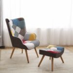 New Linen Fabric Patchwork Armchair with Ottoman, and Wooden Frame, for Living Room, Bedroom, Bathroom – Colorful