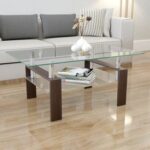 New 39.4″ Rectangle Glass Coffee Table, with Storage Shelf, for Kitchen, Restaurant, Office, Living Room, Cafe – Walnut