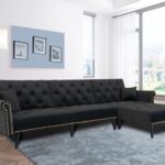 New 115″ 4-Seat Velvet Upholstered Sectional Sofa Bed with Wooden Legs, for Living Room, Bedroom, Office, Apartment – Black