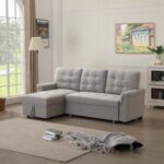 New 86″ Upholstered Sectional Sofa Bed with Storage Chaise, Wooden Frame, and Plastic Legs, for Living Room, Bedroom, Office, Apartment – Gray