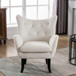 New Velvet Tufted Upholstered Chair with Curved Backrest and Wooden Legs, for Living Room, Bedroom, Dining Room, Office – Beige