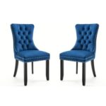 New Fabric Upholstered Dining Chair Set of 2, with Nailhead Trim, and Wooden Legs, for Restaurant, Cafe, Tavern, Office, Living Room – Blue