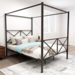 New Queen Size Canopy Platform Bed Frame with X-Shaped Frame and Metal Slats Support, No Box Spring Needed (Only Frame) – Black