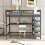 New Full Size Wooden Loft Bed Frame with Storage Shelves and Desk, Space-saving Design, No Need for Spring Box – Gray