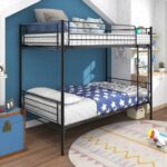 New Twin-Over-Twin Size Bunk Bed Frame with Ladder, and Metal Slats Support, No Spring Box Required, for Kids, Teens (Frame Only) – Black