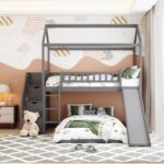 New Twin-Over-Twin Size House-shaped Bunk Bed Frame with 2 Storage Drawers, Slide, Ladder, and Wooden Slats Support, for Kids, Teens, Boys, Girls (Frame Only) – Gray