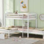 New Twin-Over-Twin Size L-shaped Bunk Bed Frame with 2 Storage Drawers, Ladder, and Wooden Slats Support, for Kids, Teens, Boys, Girls (Frame Only) – White