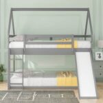 New Twin-Over-Twin Size House-shaped  Bunk Bed Frame with Slide, Ladder, and Wooden Slats Support, for Kids, Teens, Boys, Girls (Frame Only) – Gray