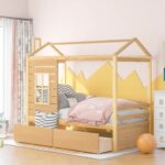 New Twin Size House-shaped Platform Bed Frame with 2 Storage Drawers and Wooden Slats Support, No Box Spring Needed (Only Frame) – Natural