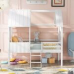 New Twin-Size House-Shaped Loft Bed Frame with Two Side Windows and Wooden Slats Support, No Box Spring Required, for Kids, Teens, Boys, Girls (Frame Only) – Normal White + Normal White
