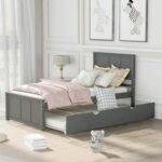 New Twin-Size Platform Bed Frame with Trundle, Headboard and Wooden Slats Support, No Box Spring Needed (Only Frame) – Gray