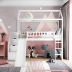 New Twin-Size House-shaped Loft Bed Frame with Storage Stairs, Ladder, Slide, and Wooden Slats Support, No Box Spring Required, for Kids, Teens, Boys, Girls (Frame Only) – White