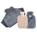 New 1000ml PVC Hot Water Bottle, Imitation Rabbit Plush Cover, Warm Belly Long Waist Belt, 3Pcs/Set – Dark Grey